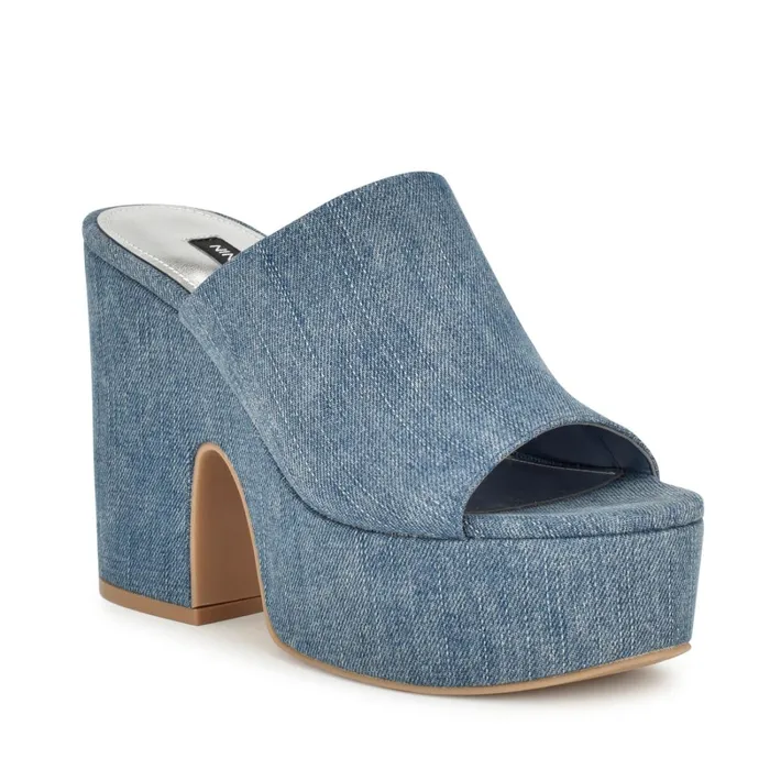 Olley Platform Slide Sandals Denim Women Nine West High Heels Olley Platform Slide Sandals Denim Women Nine West High Heels