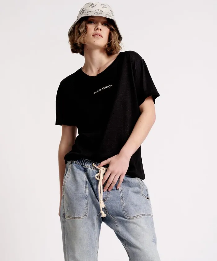 One Teaspoon Graphic Tees ONE TEASPOON LINEN WIDE NECK TEE BLACK 8211 Women