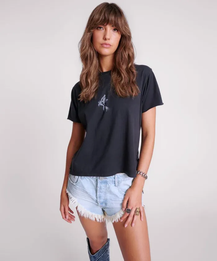 One Teaspoon Tees and Tanks BLACK GRAFFITI BIRD SPLIT HEM TEE 8211 Women