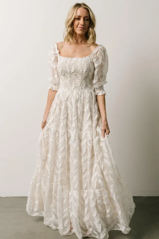 Paloma Smocked Feather Maxi Dress Off White Women Baltic Born Bridal