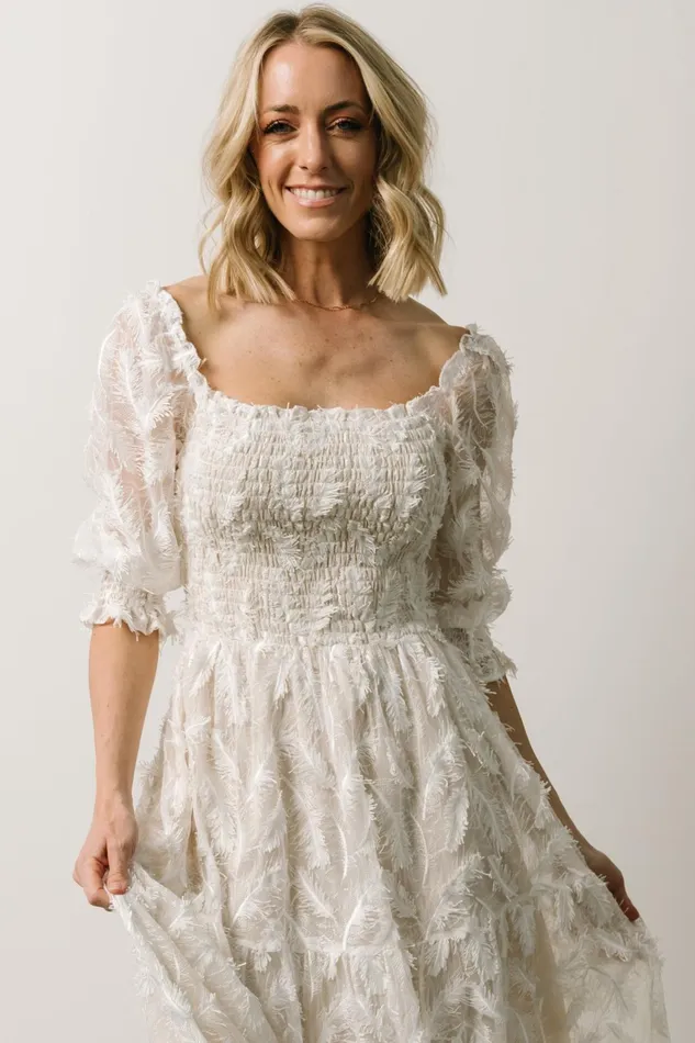 Paloma Smocked Feather Maxi Dress Off White Women Baltic Born Bridal