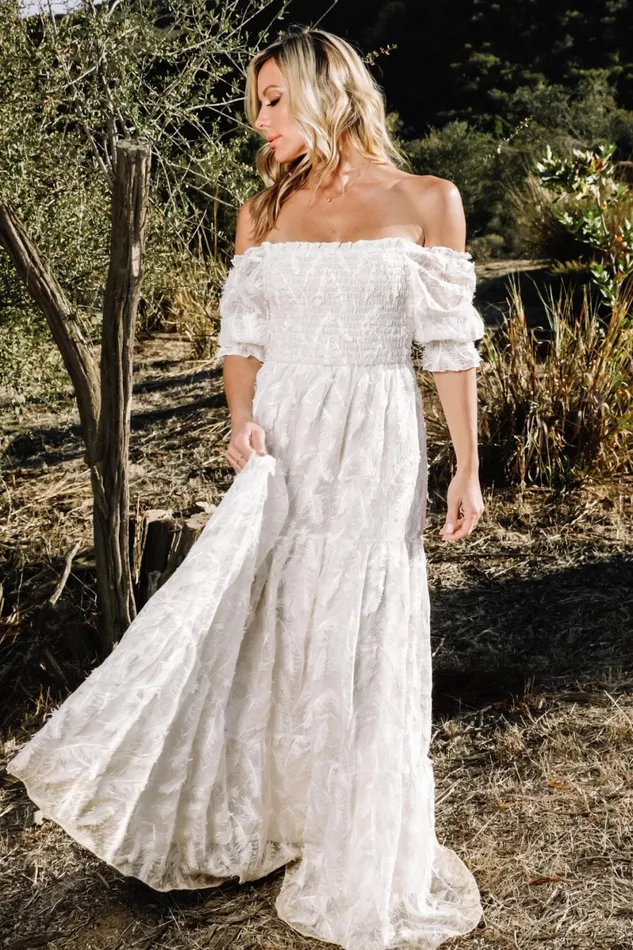 Paloma Smocked Feather Maxi Dress Off White Women Baltic Born Bridal