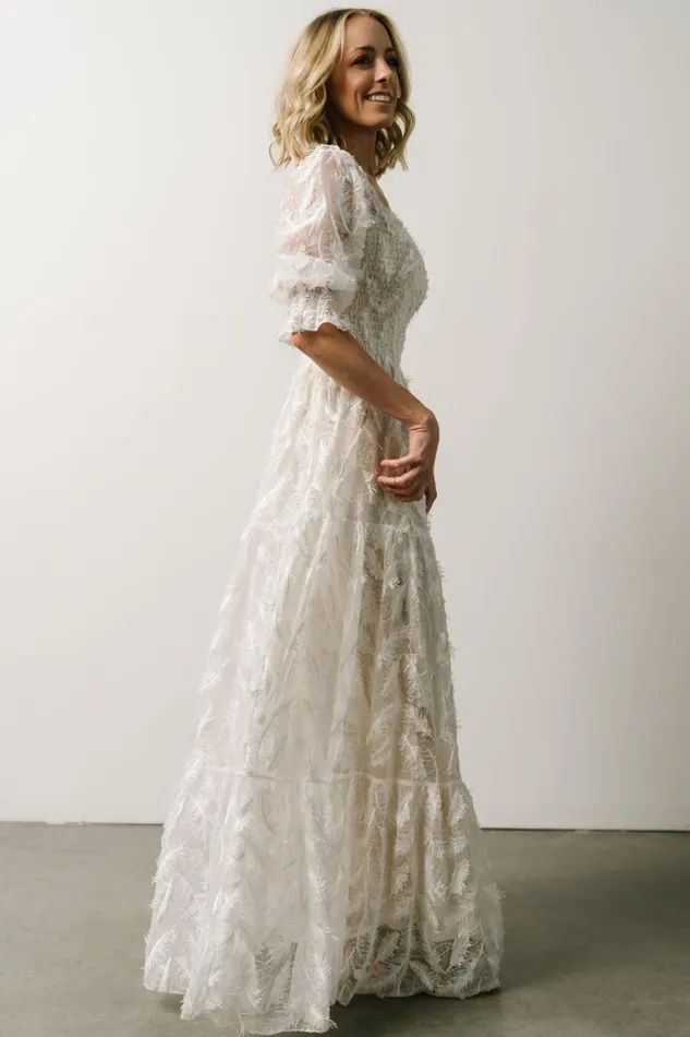 Paloma Smocked Feather Maxi Dress Off White Women Baltic Born Bridal