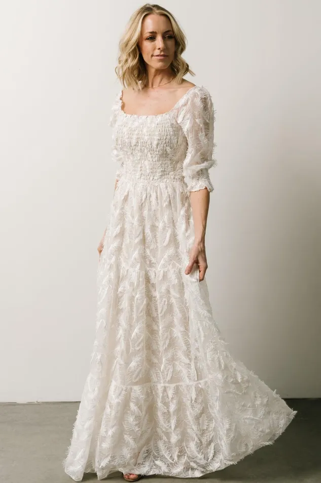 Paloma Smocked Feather Maxi Dress Off White Women Baltic Born Bridal