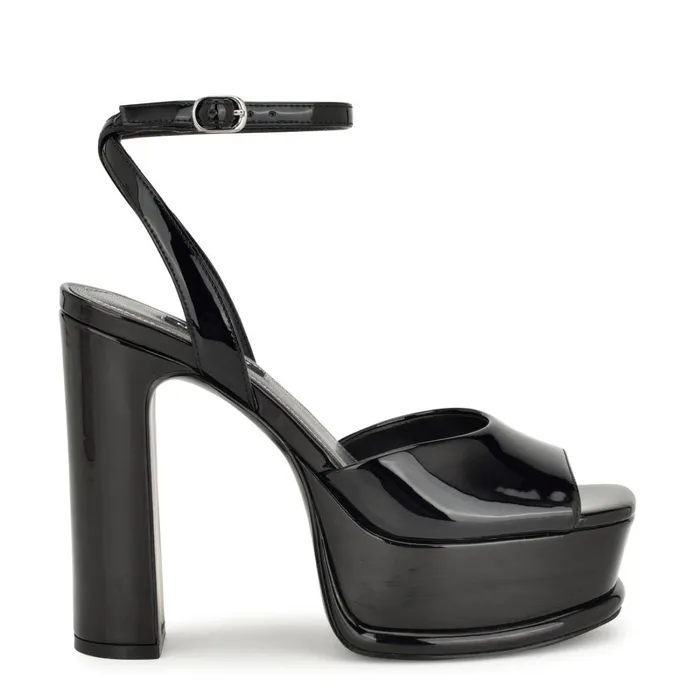 Platt Platform Ankle Strap Sandals Black Patent Women Nine West High Heels