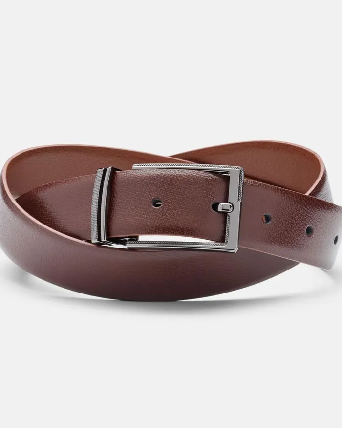 Politix Belts Men Fine Grain Leather Belt With Textured Pin Buckle Dark Tan