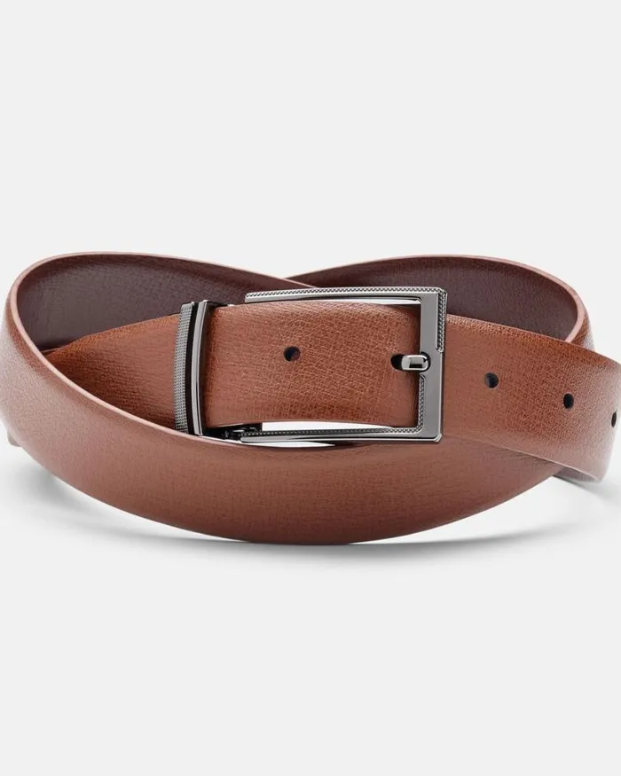 Politix Belts Men Fine Grain Leather Belt With Textured Pin Buckle Dark Tan