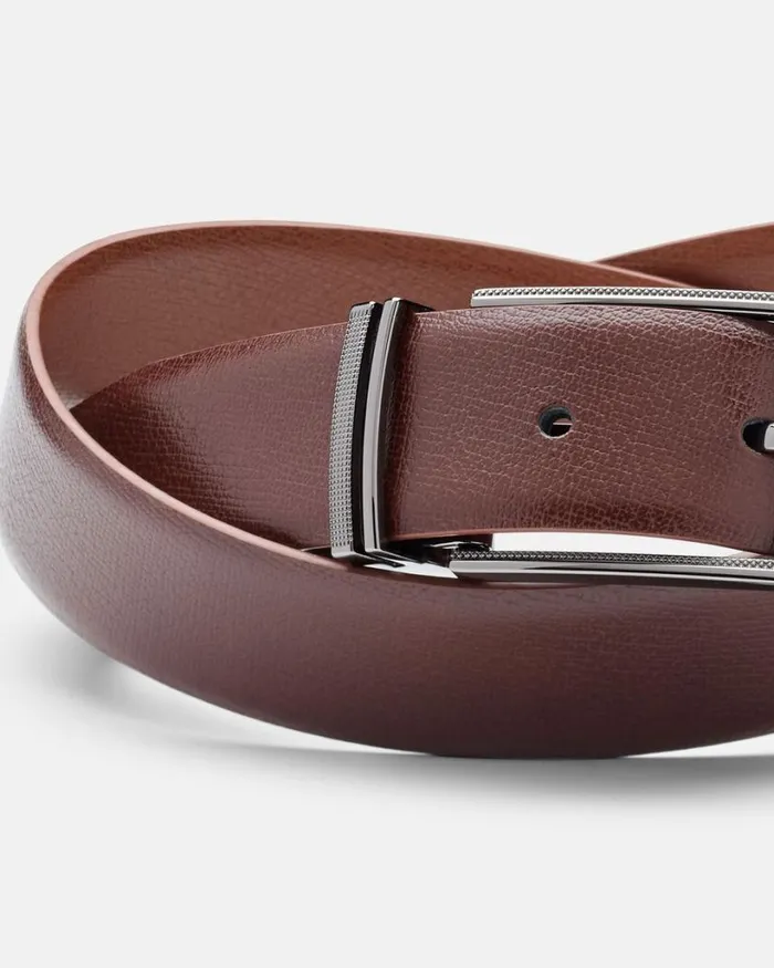 Politix Belts Men Fine Grain Leather Belt With Textured Pin Buckle Dark Tan