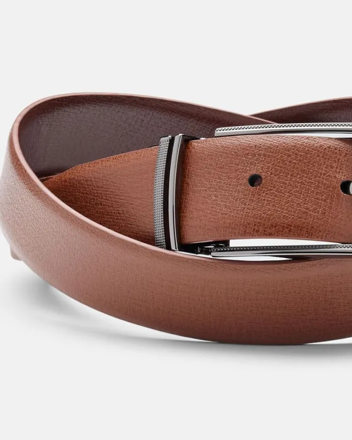 Politix Belts Men Fine Grain Leather Belt With Textured Pin Buckle Dark Tan