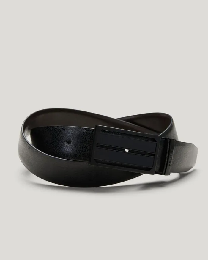 Politix Belts Men Pebble Grain Leather Dress Belt With Shield Buckle Blackbrown
