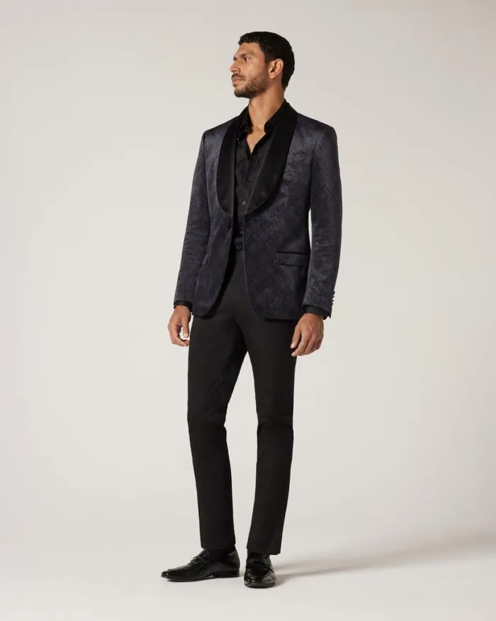 Politix Blazers Men Slim Damask Velvet Tuxedo Black
