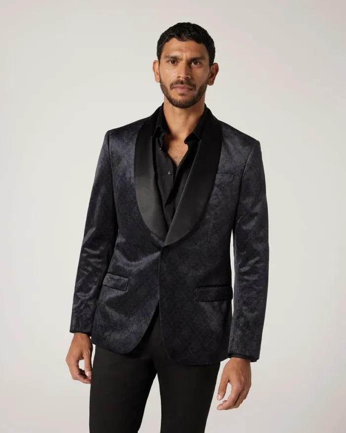Politix Blazers Men Slim Damask Velvet Tuxedo Black