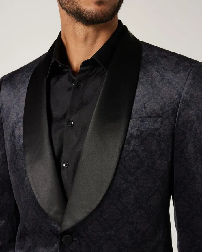 Politix Blazers Men Slim Damask Velvet Tuxedo Black