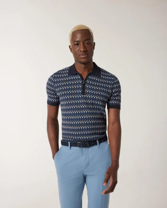 Politix Knitwear Men Geometric Zipup Collar Polo Navy