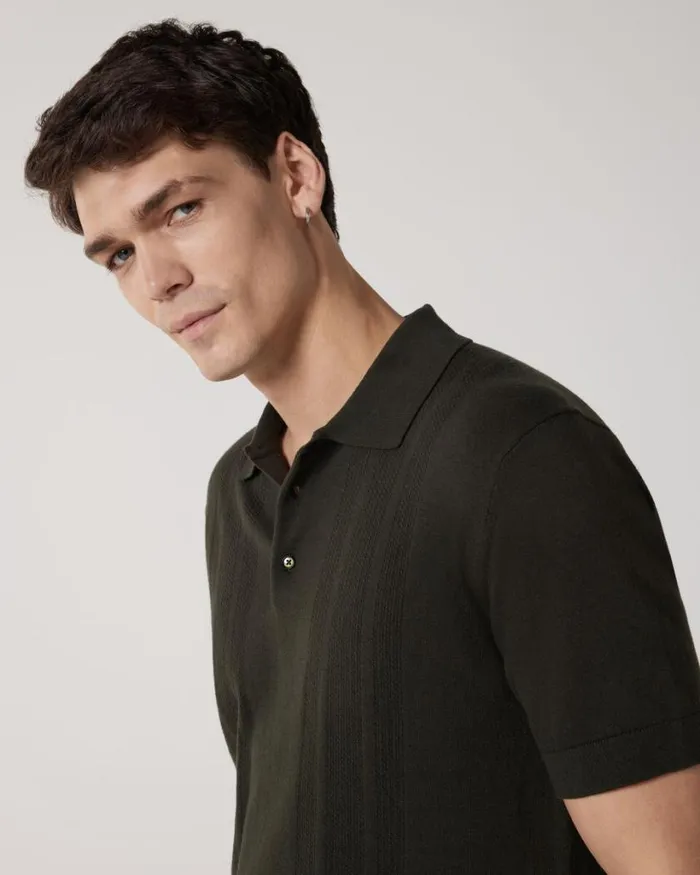 Politix Knitwear Men Knitted Pointelle Short Sleeve Polo Khaki