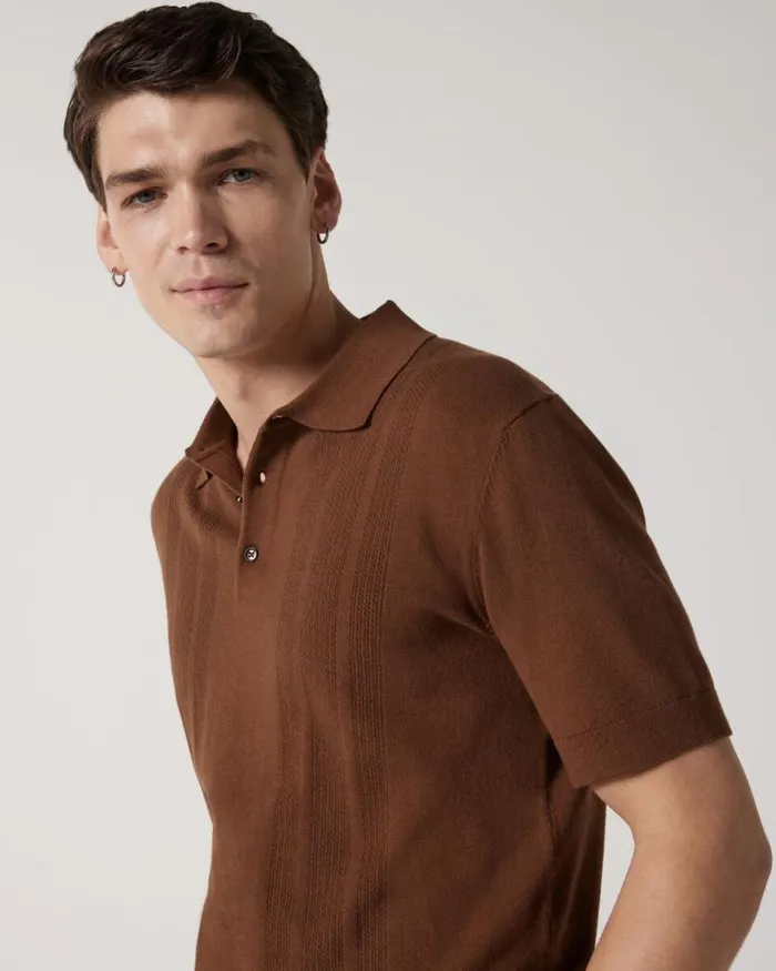 Politix Knitwear Men Knitted Pointelle Short Sleeve Polo Tan
