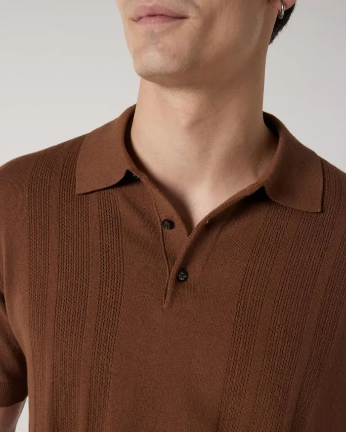 Politix Knitwear Men Knitted Pointelle Short Sleeve Polo Tan