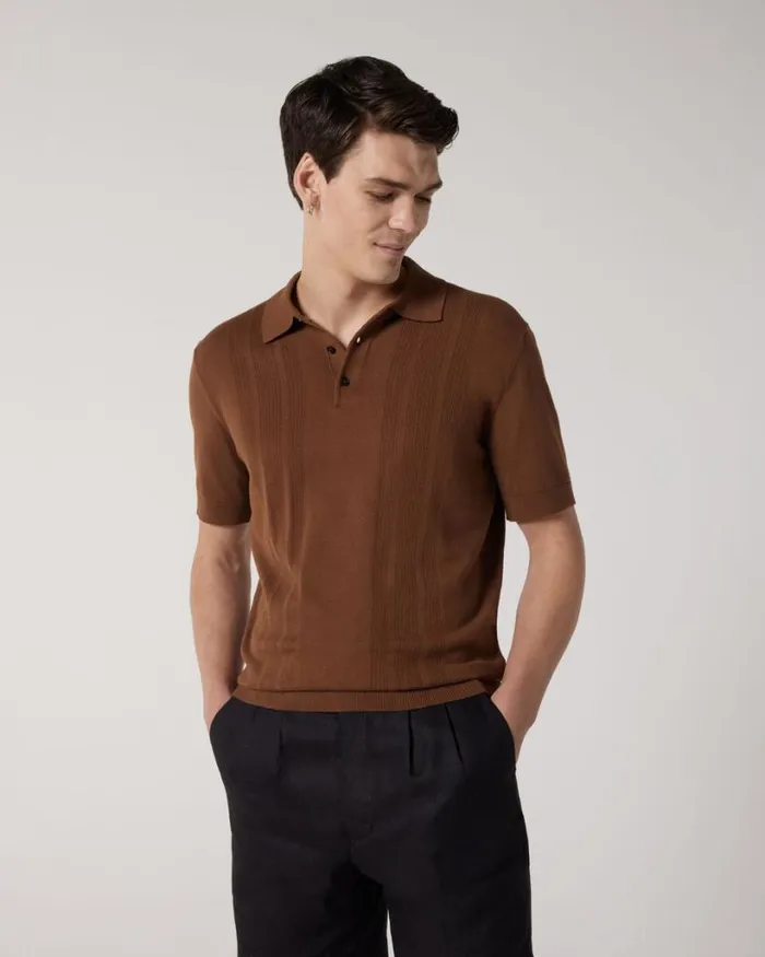 Politix Knitwear Men Knitted Pointelle Short Sleeve Polo Tan