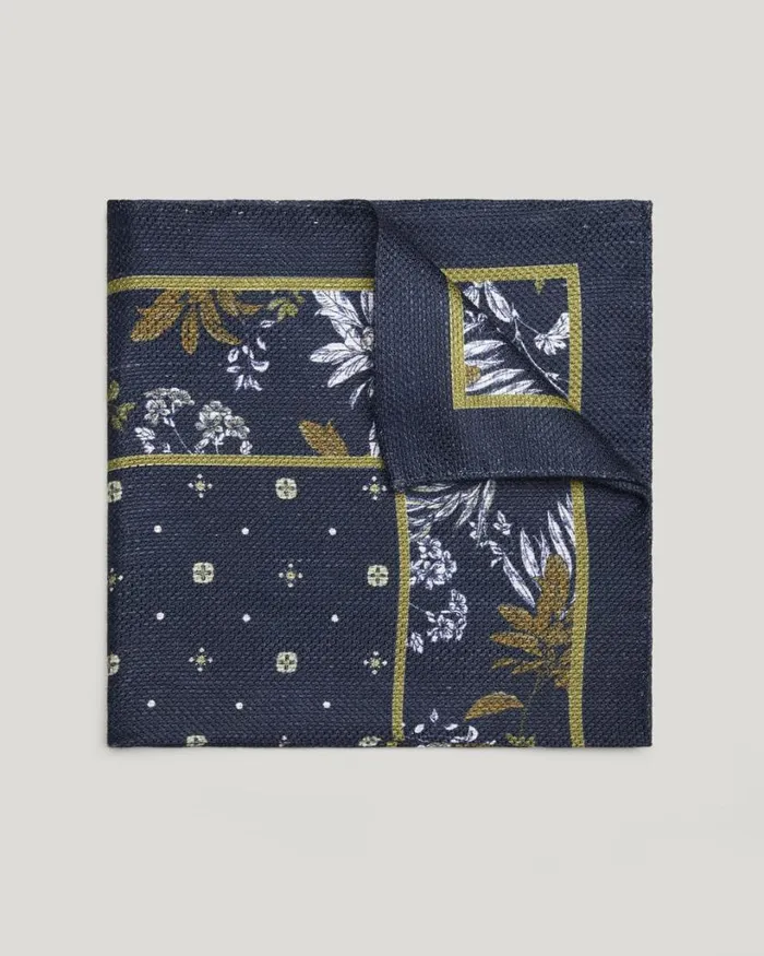 Politix Pocket Squares Men Linen Silk Blend Printed Print Pocket Square Navy