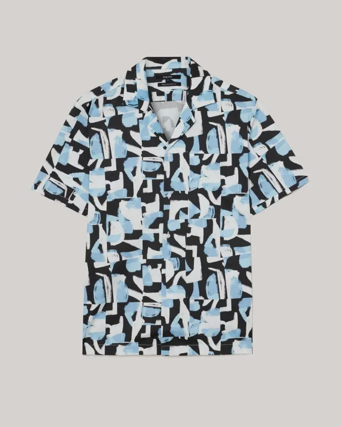 Politix Shirts Men Abstract Print Short Sleeve Shirt Blue