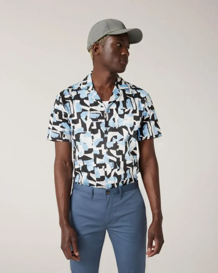 Politix Shirts Men Abstract Print Short Sleeve Shirt Blue