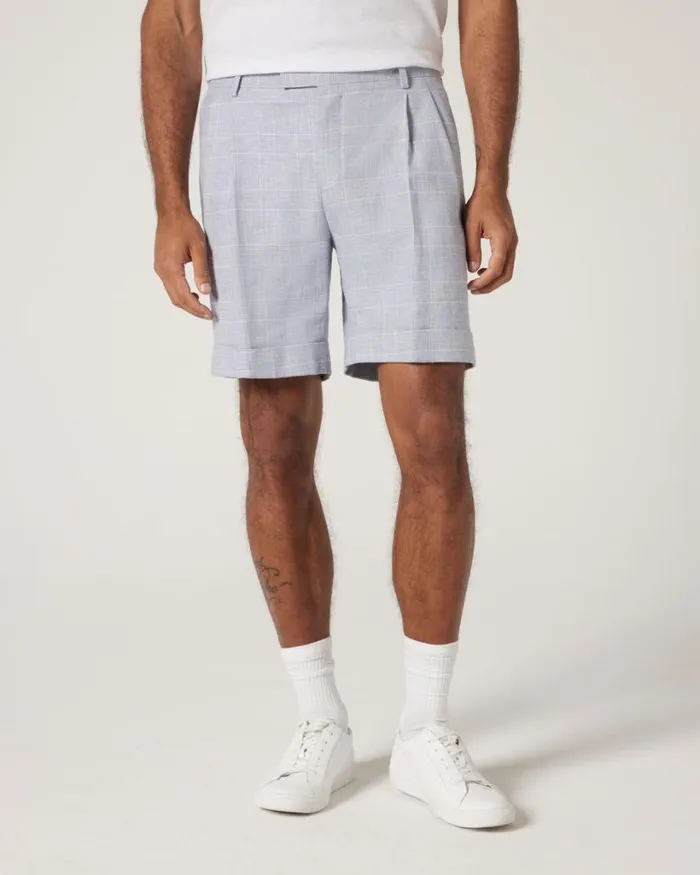 Politix Shorts Men Regular Double Pleat Tailored Short Blue Check