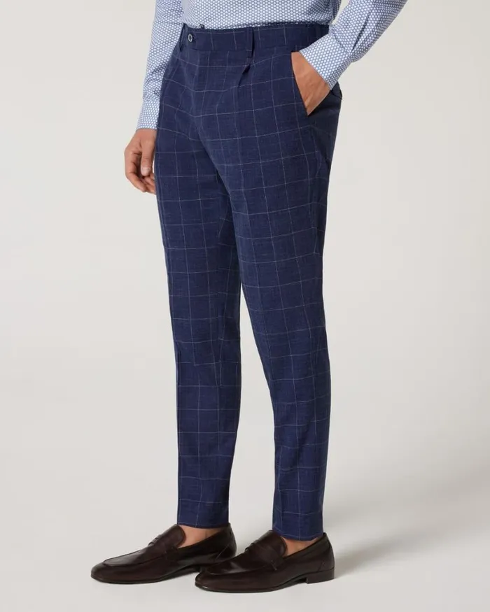 Politix Suit Pants Men Slim Stretch Windowpane Check Tailored Pant Navy Windowpane