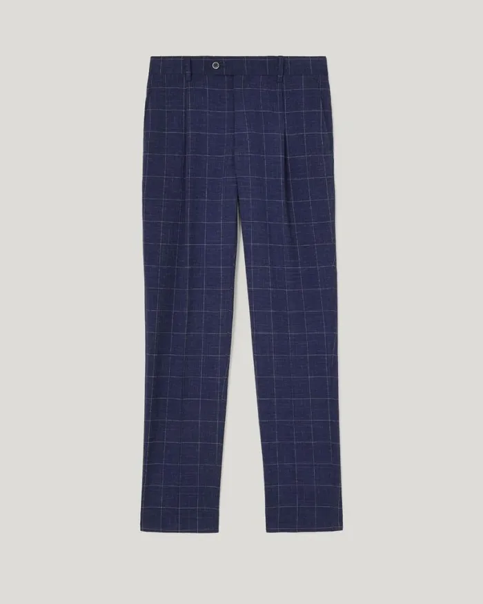 Politix Suit Pants Men Slim Stretch Windowpane Check Tailored Pant Navy Windowpane