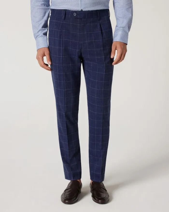 Politix Suit Pants Men Slim Stretch Windowpane Check Tailored Pant Navy Windowpane