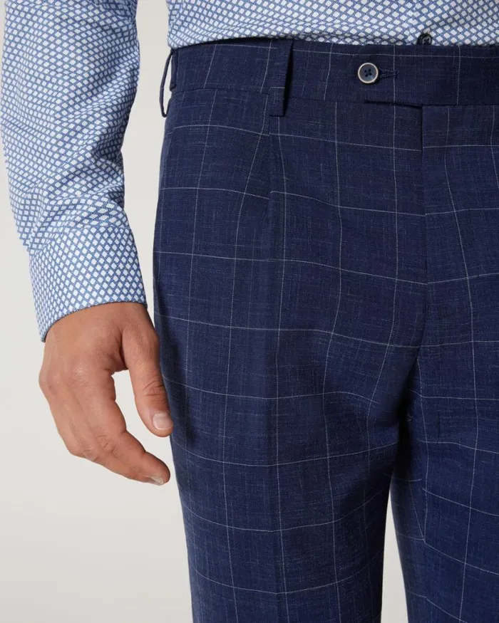 Politix Suit Pants Men Slim Stretch Windowpane Check Tailored Pant Navy Windowpane