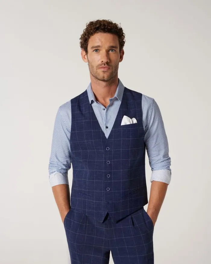 Politix Vests Men 5 Button Windowpane Check Tailored Vest Navy Windowpane