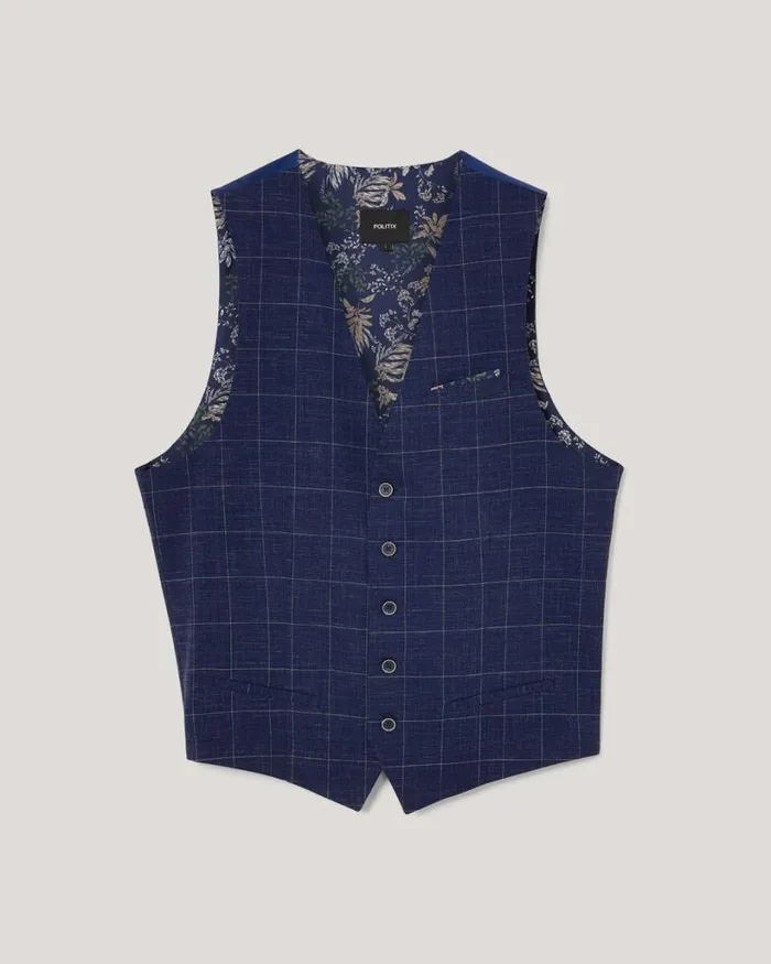 Politix Vests Men 5 Button Windowpane Check Tailored Vest Navy Windowpane