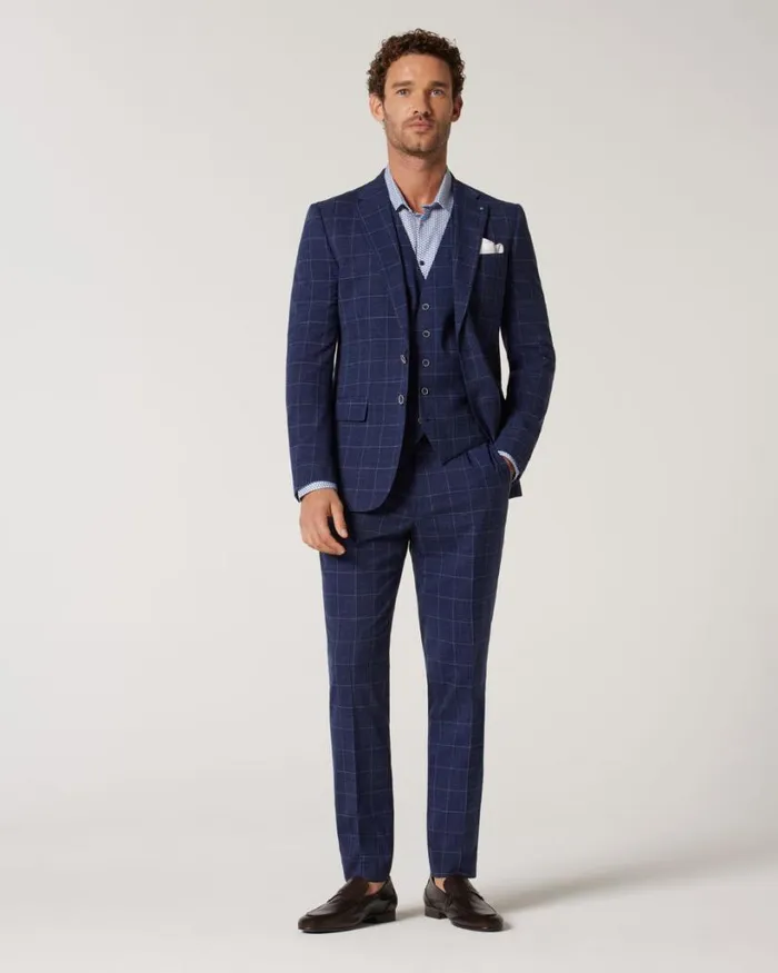 Politix Vests Men 5 Button Windowpane Check Tailored Vest Navy Windowpane