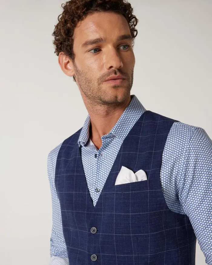 Politix Vests Men 5 Button Windowpane Check Tailored Vest Navy Windowpane