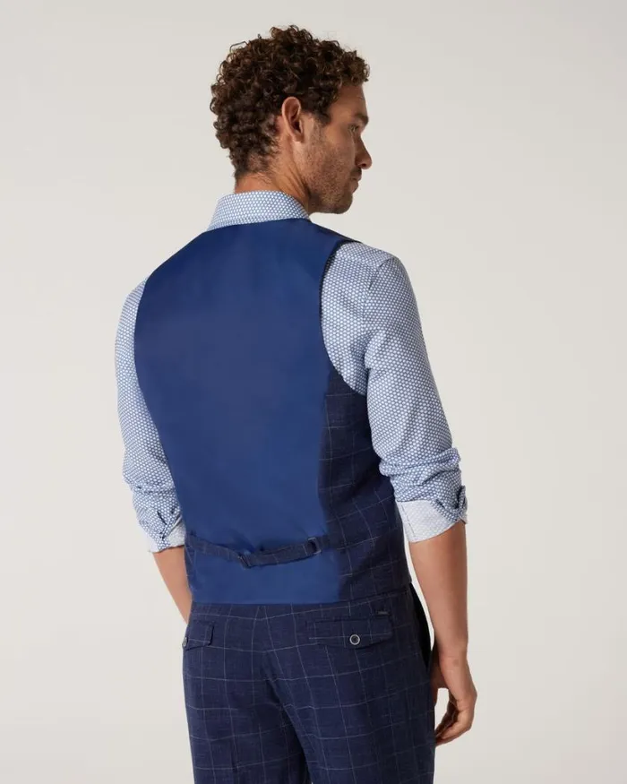 Politix Vests Men 5 Button Windowpane Check Tailored Vest Navy Windowpane