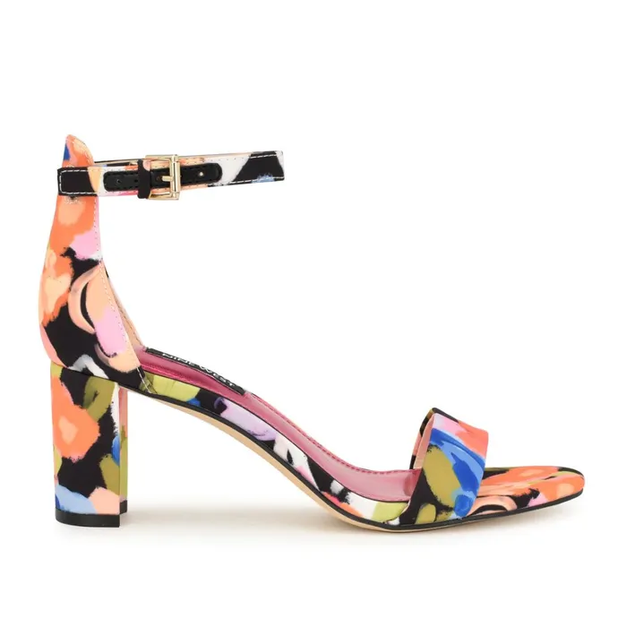 Pruce Ankle Strap Block Heel Sandals Black Floral Women Nine West Dress