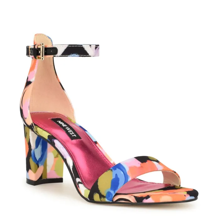 Pruce Ankle Strap Block Heel Sandals Black Floral Women Nine West Dress Pruce Ankle Strap Block Heel Sandals Black Floral Women Nine West Dress