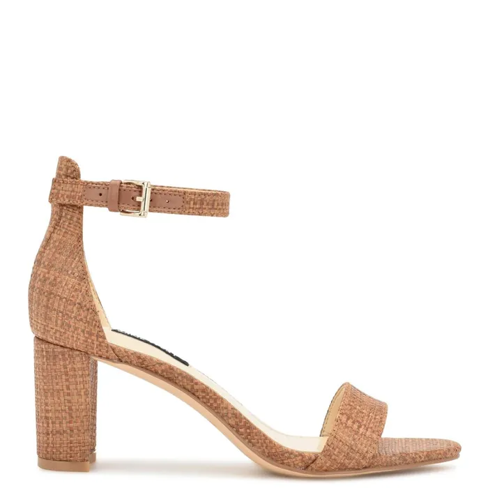 Pruce Ankle Strap Block Heel Sandals Brown Raffia Women Nine West Dress