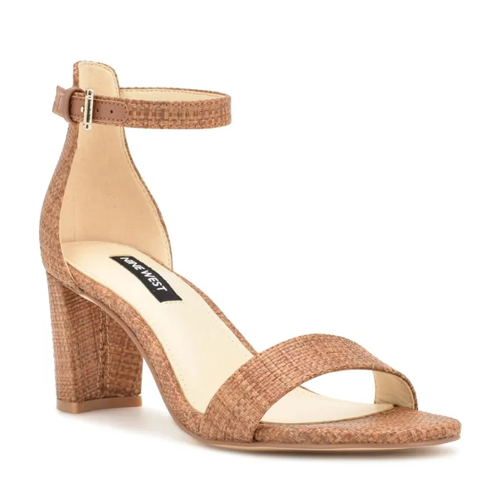Pruce Ankle Strap Block Heel Sandals Brown Raffia Women Nine West Dress Pruce Ankle Strap Block Heel Sandals Brown Raffia Women Nine West Dress