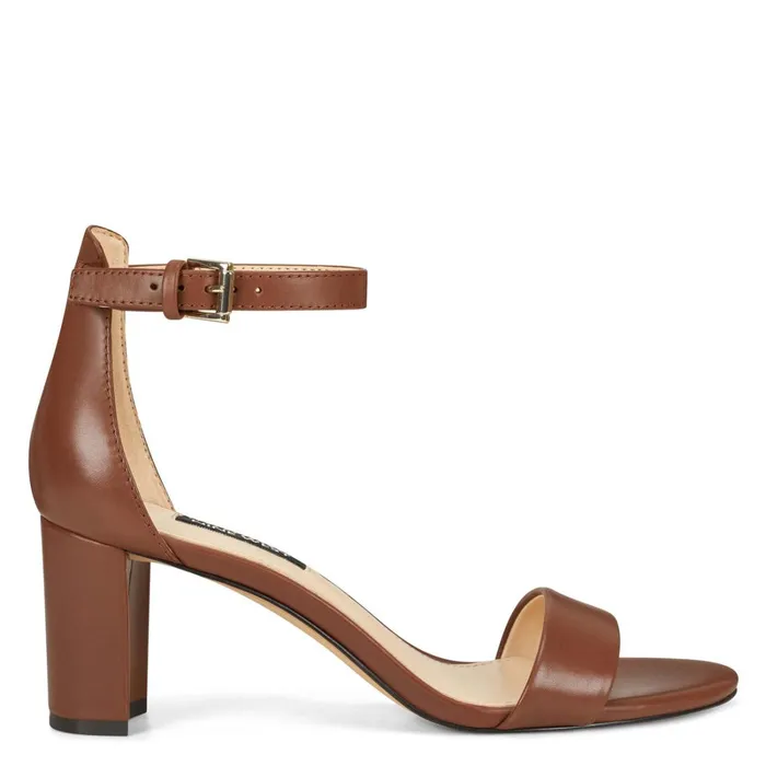 Pruce Ankle Strap Block Heel Sandals Dark Brown Leather Women Nine West Dress
