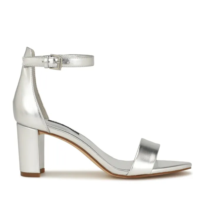 Pruce Ankle Strap Block Heel Sandals Silver Women Nine West Heeled