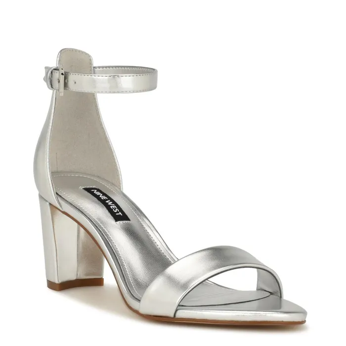 Pruce Ankle Strap Block Heel Sandals Silver Women Nine West Heeled