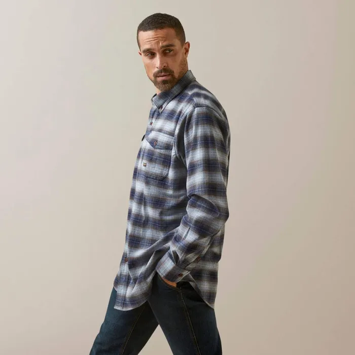 Rebar Flannel DuraStretch Work Shirt Blue Khaki Plaid Men Ariat Button Down Shirts