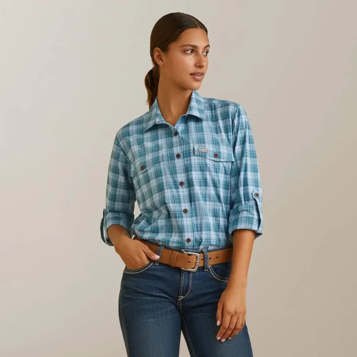 Rebar Made Tough DuraStretch Work Shirt Clear Sky Plaid Women Ariat TShirts and Tops