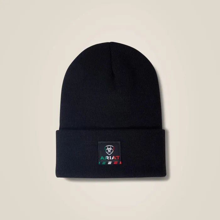 Rebar Mexican Flag Patch Beanie Black Men Ariat Hats and Caps