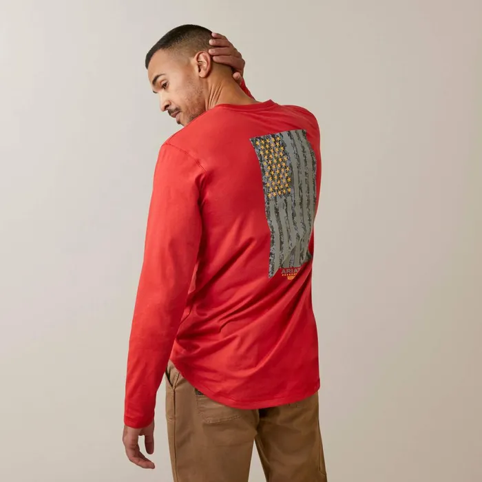 Rebar Workman Reflective Flag Graphic TShirt Pompeian Red Men Ariat TShirts and Polos