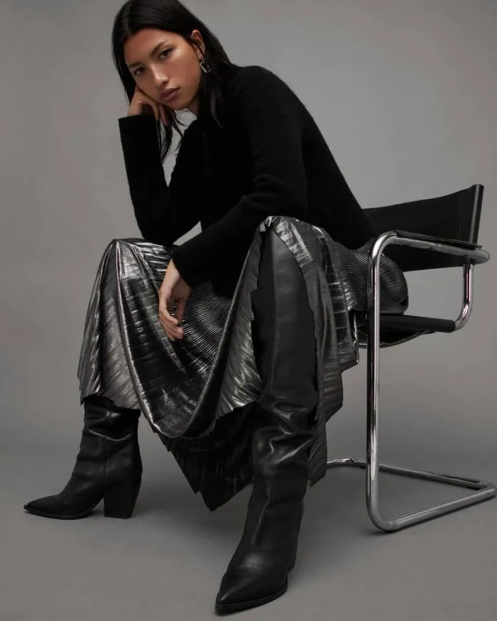 Reina Over Knee Leather Heeled Boots Black Women AllSaints Shoes and Boots