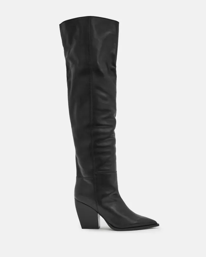Reina Over Knee Leather Heeled Boots Black Women AllSaints Shoes and Boots