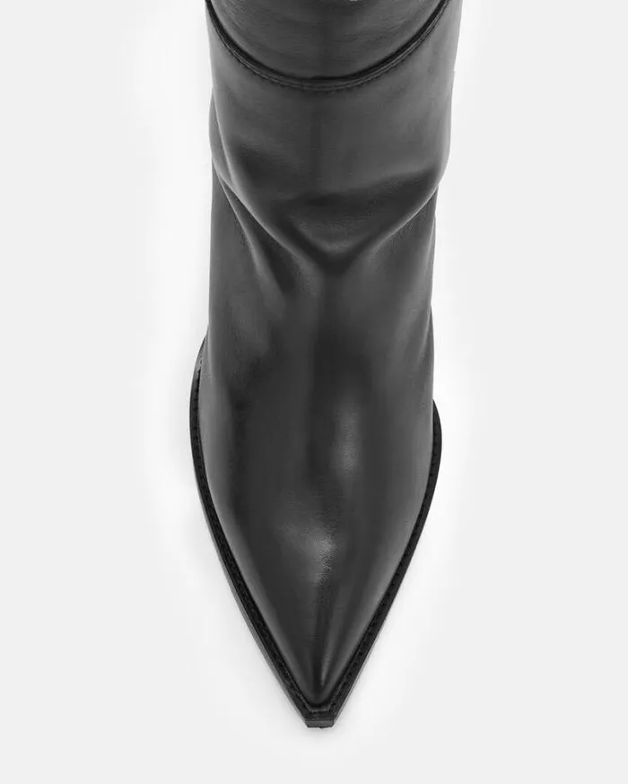 Reina Over Knee Leather Heeled Boots Black Women AllSaints Shoes and Boots