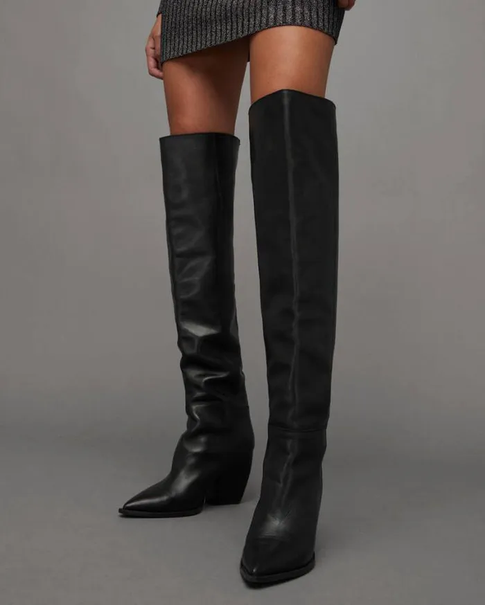Reina Over Knee Leather Heeled Boots Black Women AllSaints Shoes and Boots
